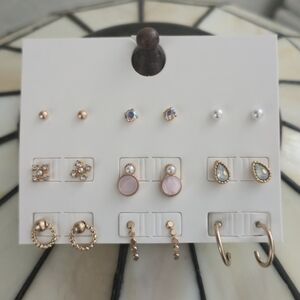 Rose Gold Tone Stud & Mini Hoop Earring Set Pearl Rhinestone Ear Stack